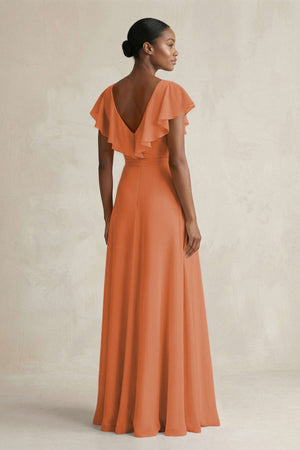 A-Line V-Neck Ruffled Sleeve Chiffon Bridesmaid Dress in Terracotta - KissProm BRIDESMAID DRESSES