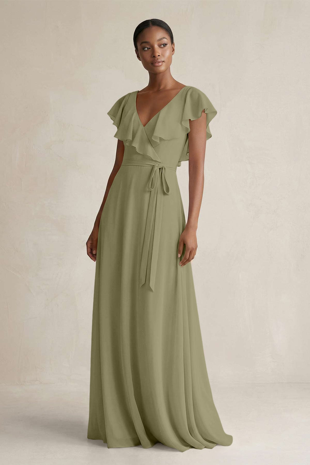 A-Line V-Neck Ruffled Sleeve Chiffon Bridesmaid Dress in Thyme - KissProm BRIDESMAID DRESSES