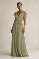 A-Line V-Neck Ruffled Sleeve Chiffon Bridesmaid Dress in Thyme - KissProm BRIDESMAID DRESSES
