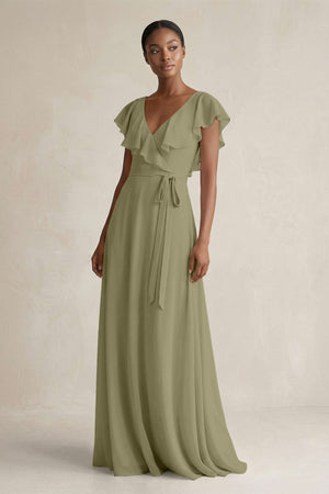 A-Line V-Neck Ruffled Sleeve Chiffon Bridesmaid Dress in Thyme - KissProm BRIDESMAID DRESSES