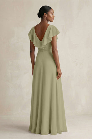 A-Line V-Neck Ruffled Sleeve Chiffon Bridesmaid Dress in Thyme - KissProm BRIDESMAID DRESSES