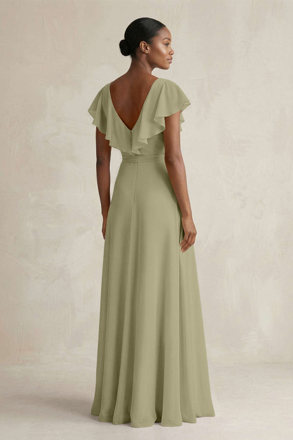 A-Line V-Neck Ruffled Sleeve Chiffon Bridesmaid Dress in Thyme - KissProm BRIDESMAID DRESSES