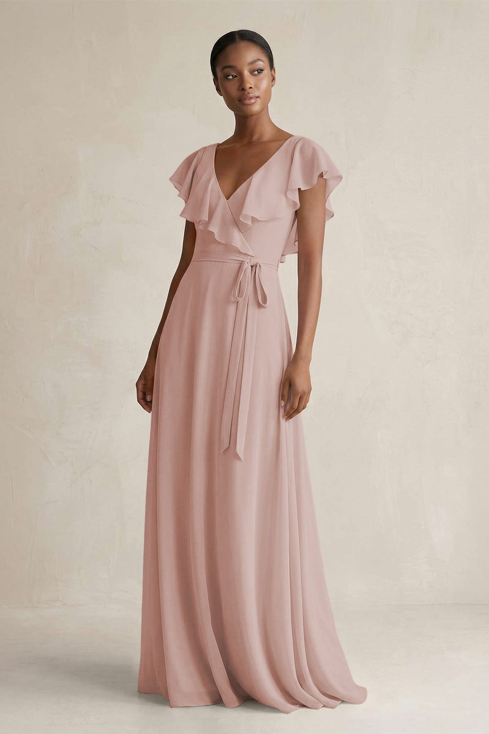 A-Line V-Neck Ruffled Sleeve Chiffon Bridesmaid Dress in Toffee - KissProm BRIDESMAID DRESSES