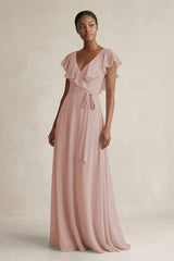 A-Line V-Neck Ruffled Sleeve Chiffon Bridesmaid Dress in Toffee - KissProm BRIDESMAID DRESSES