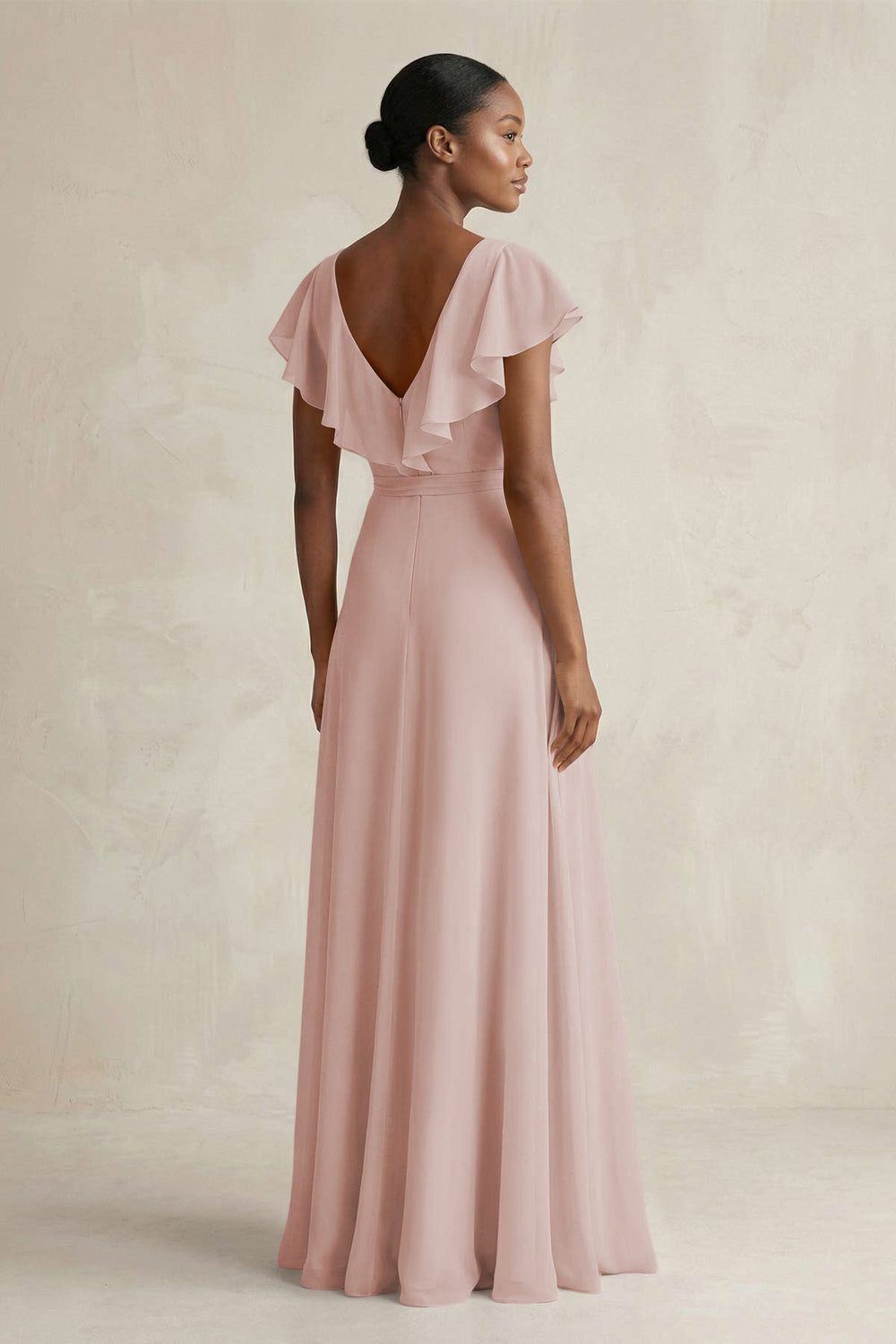 A-Line V-Neck Ruffled Sleeve Chiffon Bridesmaid Dress in Toffee - KissProm BRIDESMAID DRESSES