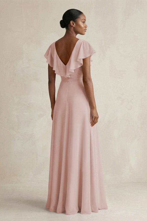 A-Line V-Neck Ruffled Sleeve Chiffon Bridesmaid Dress in Toffee - KissProm BRIDESMAID DRESSES