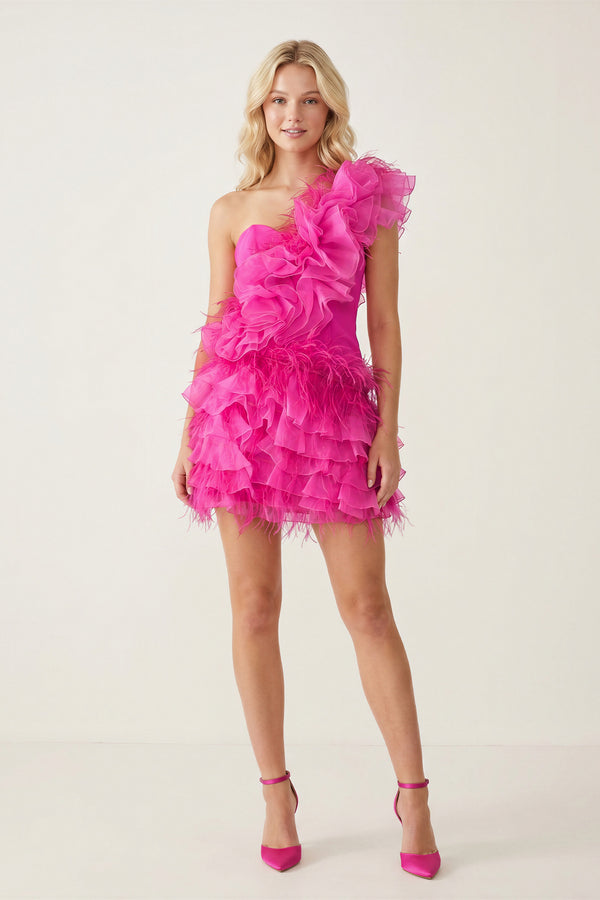 Mirra | Ruffled Tulle Shoulder Hot Pink Short Homecoming Dress with Feather