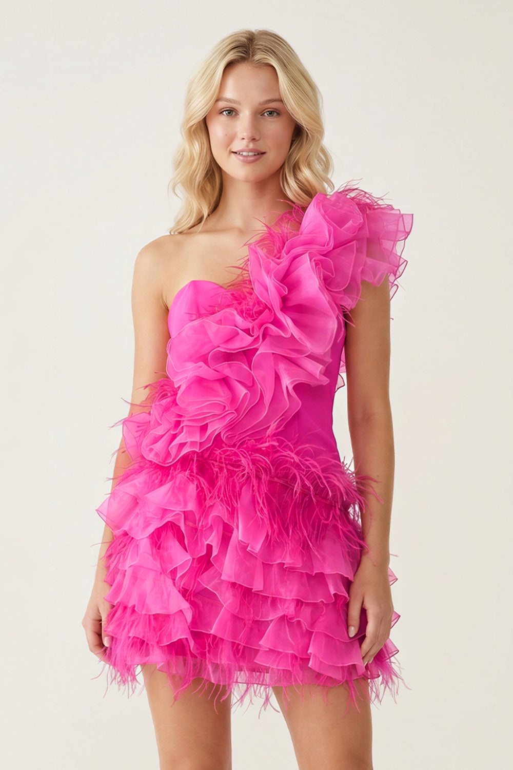 Hot Pink Ruffled Tulle Shoulder Short Homecoming Dress with Feather - KISSPROM