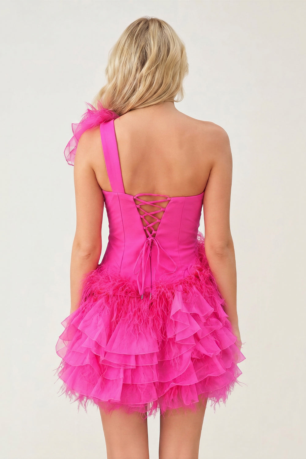 Hot Pink Ruffled Tulle Shoulder Short Homecoming Dress with Feather - KISSPROM