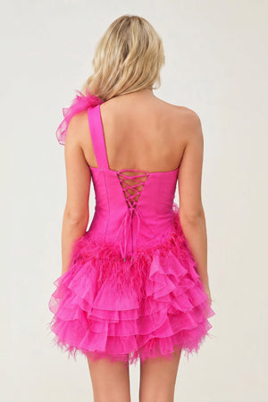 Mirra | Ruffled Tulle Shoulder Hot Pink Short Homecoming Dress with Feather