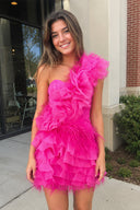 Mirra | Ruffled Tulle Shoulder Hot Pink Short Homecoming Dress with Feather