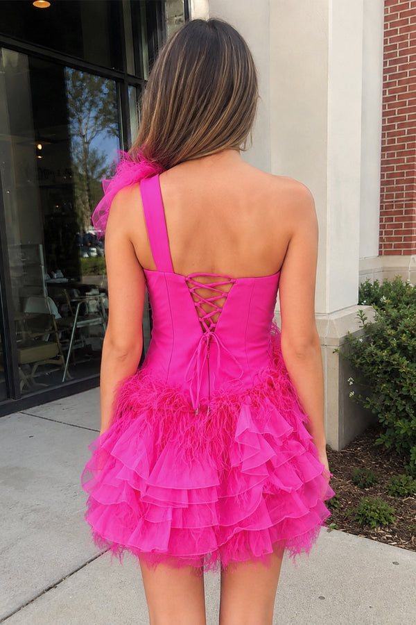 Mirra | Ruffled Tulle Shoulder Hot Pink Short Homecoming Dress with Feather