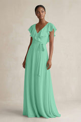 A-Line V-Neck Ruffled Sleeve Chiffon Bridesmaid Dress in Turquoise - KissProm BRIDESMAID DRESSES