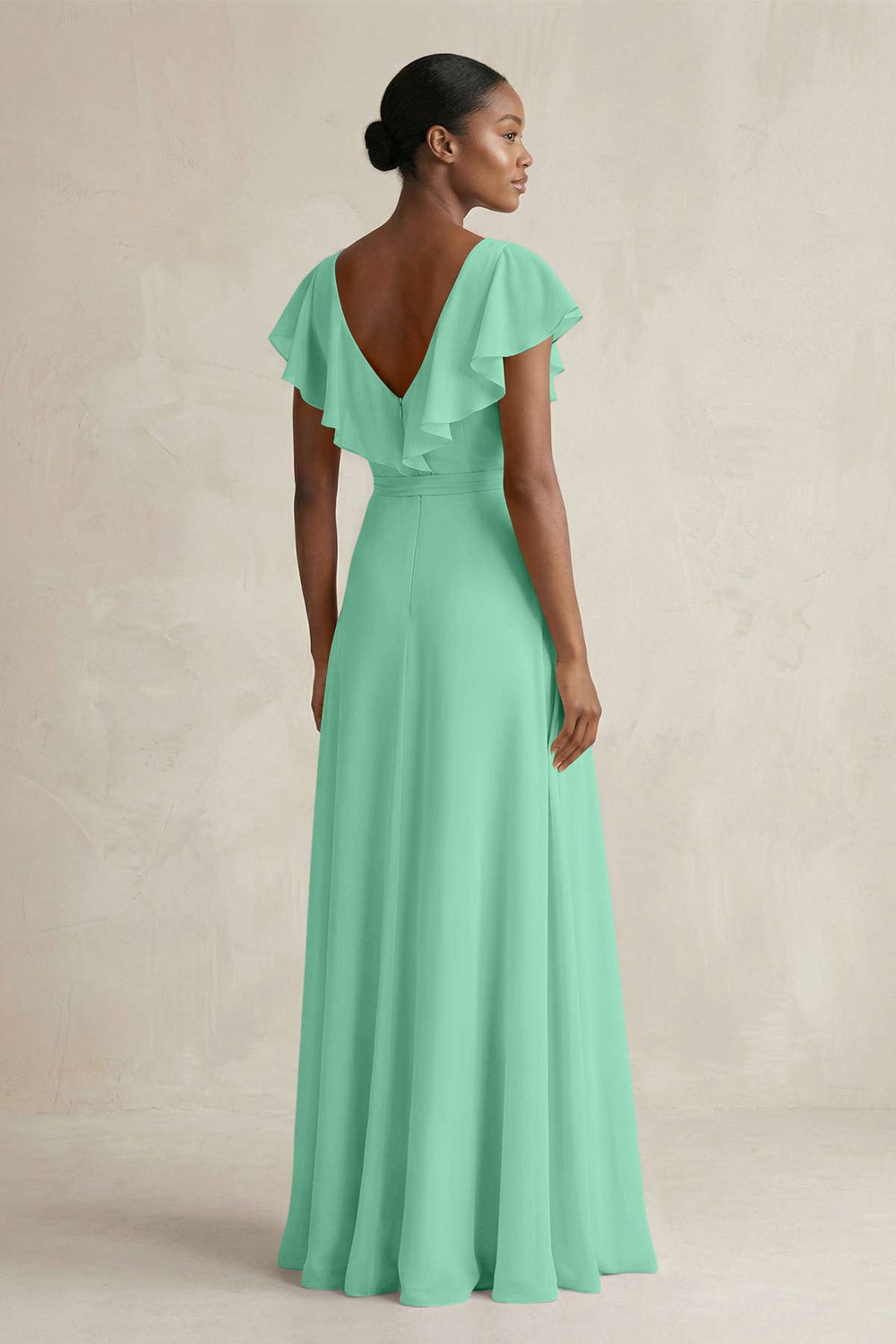 A-Line V-Neck Ruffled Sleeve Chiffon Bridesmaid Dress in Turquoise - KissProm BRIDESMAID DRESSES