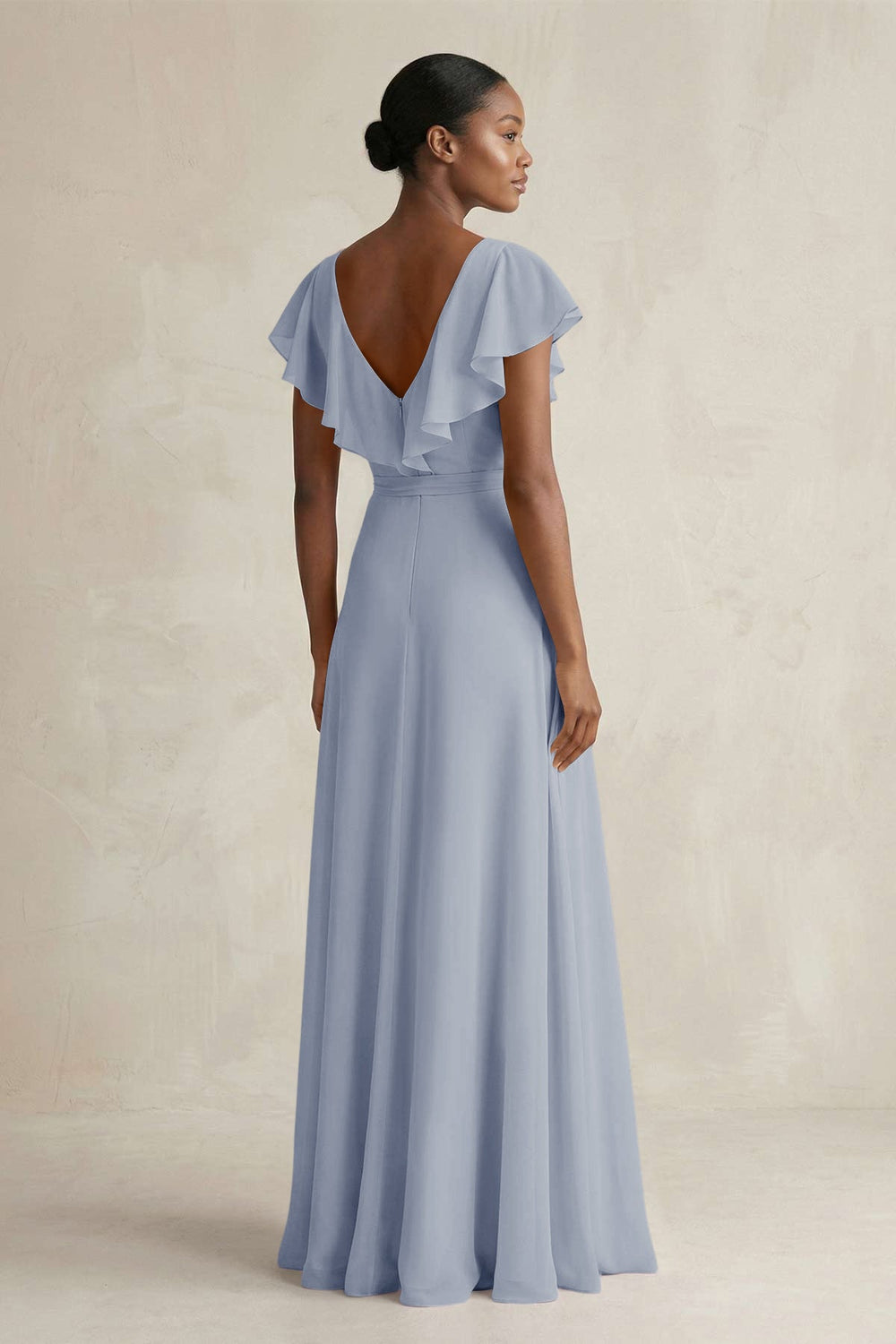 A-Line V-Neck Ruffled Sleeve Chiffon Bridesmaid Dress in Twilight - KissProm BRIDESMAID DRESSES