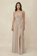 Ruffled V-Neck A-Line Chiffon Bridesmaid Dress in Almond - KissProm BRIDESMAID DRESSES