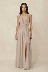 Ruffled V-Neck A-Line Chiffon Bridesmaid Dress in Almond - KissProm BRIDESMAID DRESSES