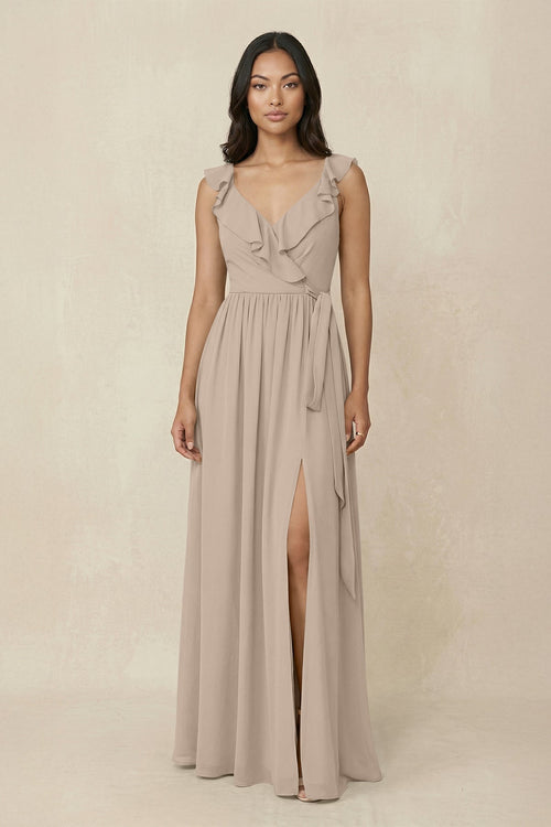 Ruffled V-Neck A-Line Chiffon Bridesmaid Dress in Almond - KissProm BRIDESMAID DRESSES