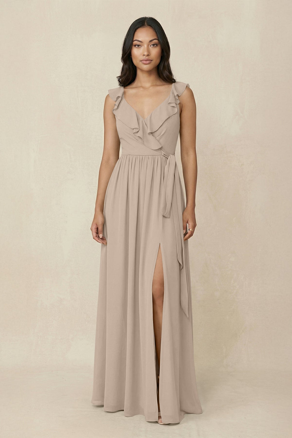 Ruffled V-Neck A-Line Chiffon Bridesmaid Dress in Almond - KissProm BRIDESMAID DRESSES