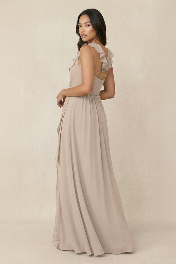Ruffled V-Neck A-Line Chiffon Bridesmaid Dress in Almond - KissProm BRIDESMAID DRESSES
