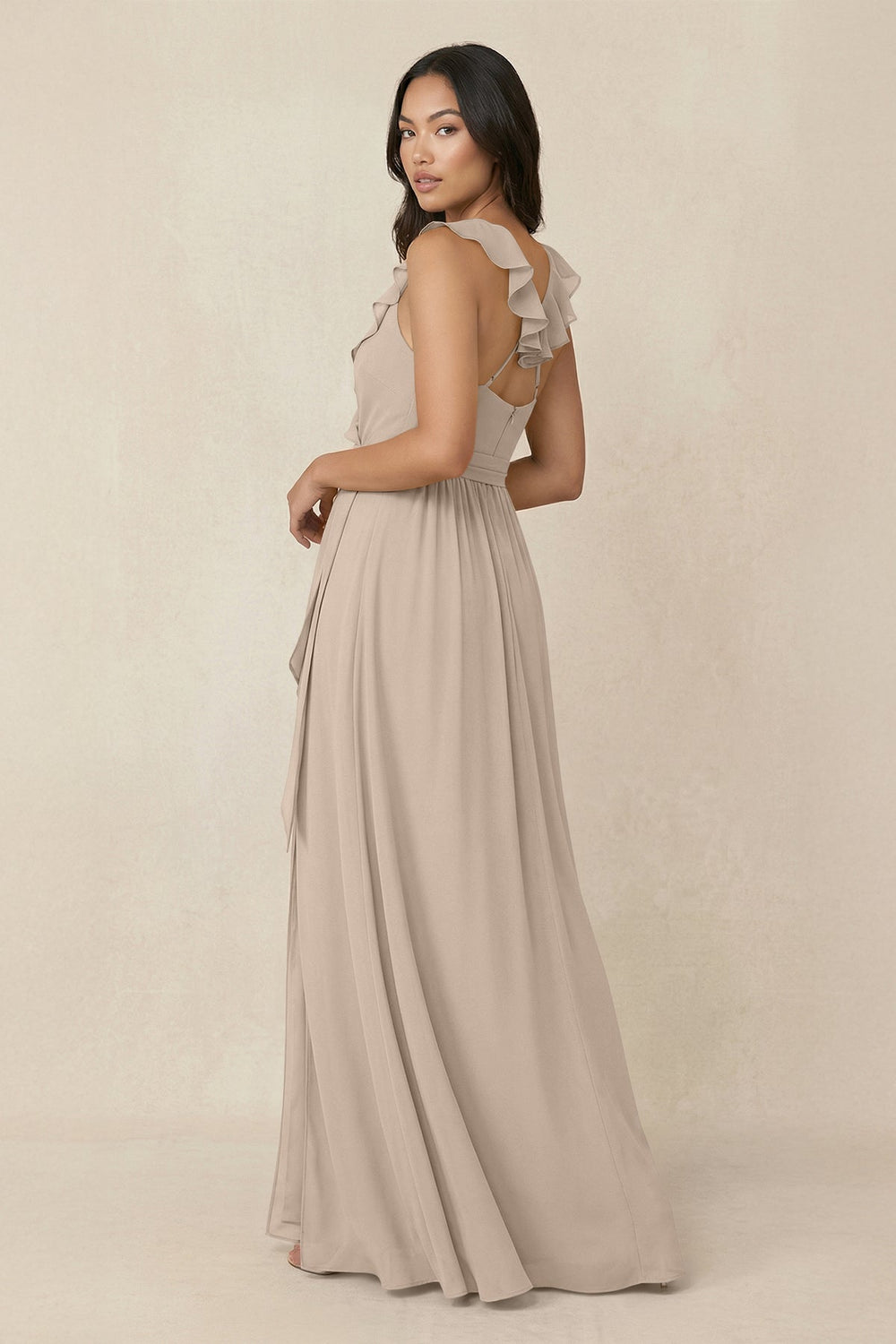 Ruffled V-Neck A-Line Chiffon Bridesmaid Dress in Almond - KissProm BRIDESMAID DRESSES
