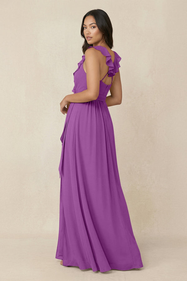 Ruffled V-Neck A-Line Chiffon Bridesmaid Dress in Amethyst - KissProm BRIDESMAID DRESSES