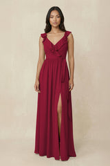 Ruffled V-Neck A-Line Chiffon Bridesmaid Dress in Berry - KissProm BRIDESMAID DRESSES
