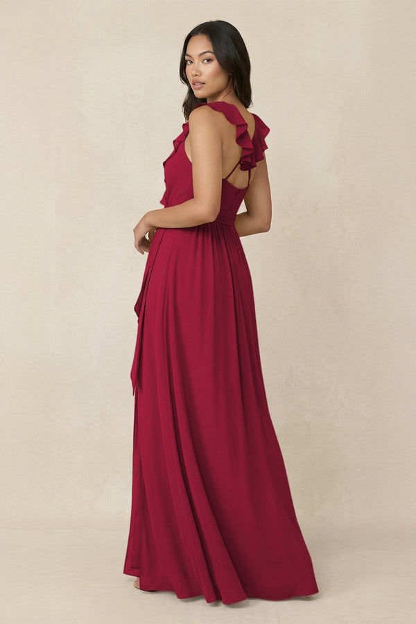 Ruffled V-Neck A-Line Chiffon Bridesmaid Dress in Berry - KissProm BRIDESMAID DRESSES