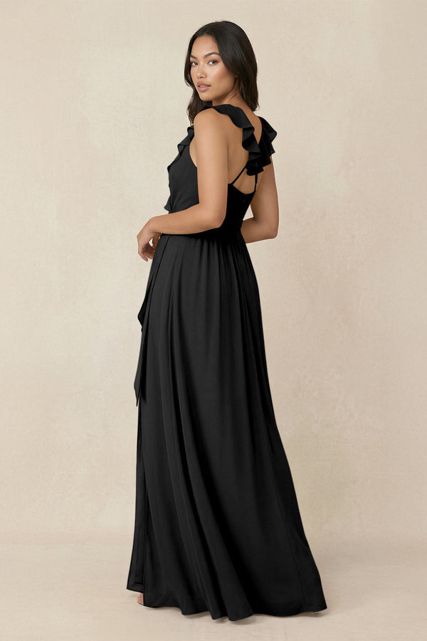 Ruffled V-Neck A-Line Chiffon Bridesmaid Dress in Black - KissProm BRIDESMAID DRESSES