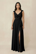 Ruffled V-Neck A-Line Chiffon Bridesmaid Dress in Black - KissProm BRIDESMAID DRESSES
