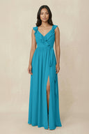 Ruffled V-Neck A-Line Chiffon Bridesmaid Dress in Blue Jay - KissProm BRIDESMAID DRESSES