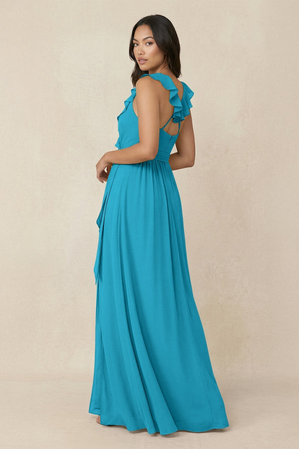 Ruffled V-Neck A-Line Chiffon Bridesmaid Dress in Blue Jay - KissProm BRIDESMAID DRESSES
