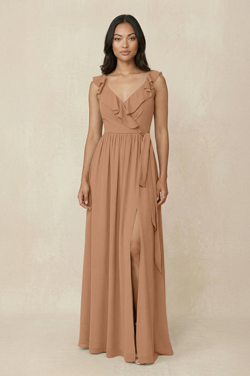 Ruffled V-Neck A-Line Chiffon Bridesmaid Dress in Bronzer - KissProm BRIDESMAID DRESSES