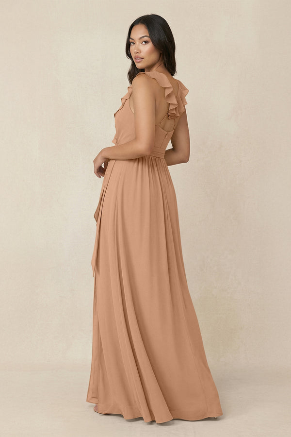 Ruffled V-Neck A-Line Chiffon Bridesmaid Dress in Bronzer - KissProm BRIDESMAID DRESSES