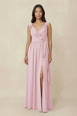 Ruffled V-Neck A-Line Chiffon Bridesmaid Dress in Candy Pink - KissProm BRIDESMAID DRESSES
