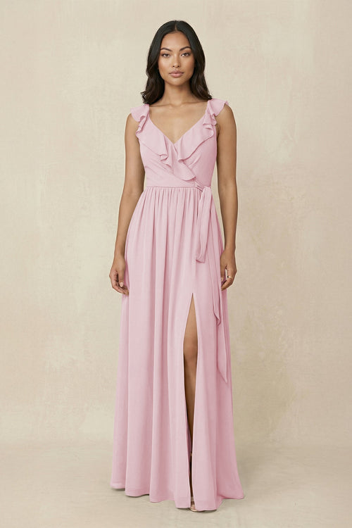 Ruffled V-Neck A-Line Chiffon Bridesmaid Dress in Candy Pink - KissProm BRIDESMAID DRESSES