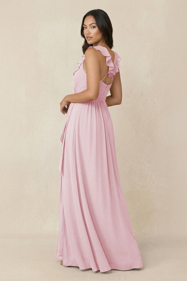 Ruffled V-Neck A-Line Chiffon Bridesmaid Dress in Candy Pink - KissProm BRIDESMAID DRESSES