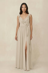 Ruffled V-Neck A-Line Chiffon Bridesmaid Dress in Champagne - KissProm BRIDESMAID DRESSES