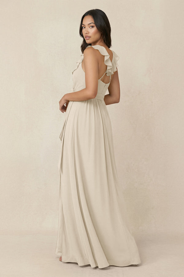 Ruffled V-Neck A-Line Chiffon Bridesmaid Dress in Champagne - KissProm BRIDESMAID DRESSES