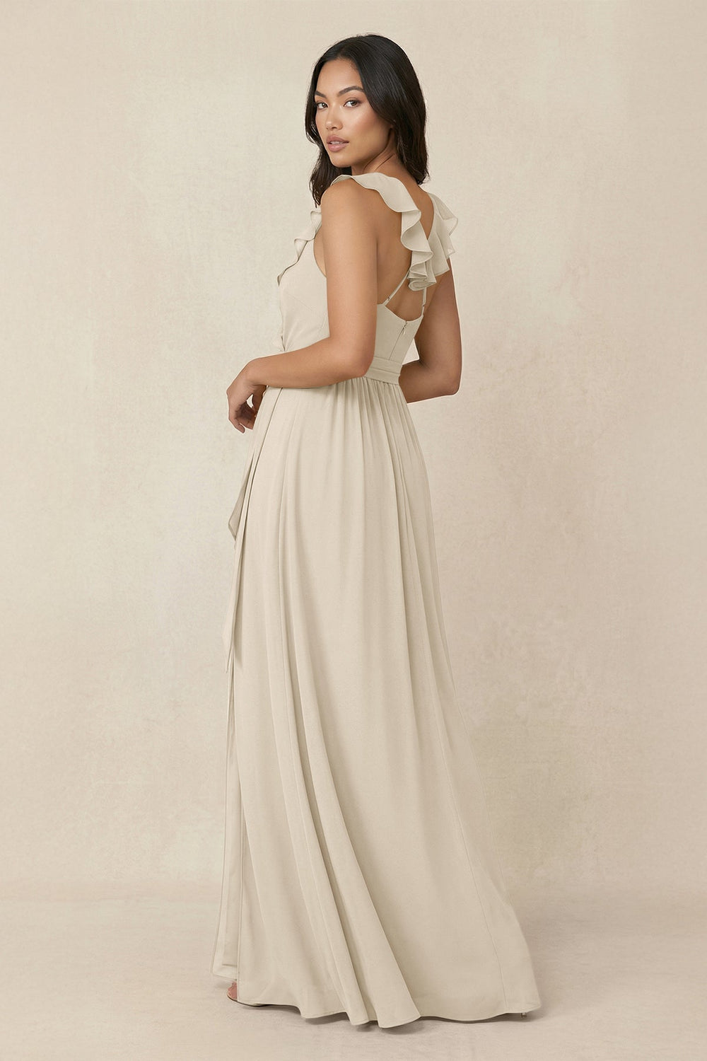 Ruffled V-Neck A-Line Chiffon Bridesmaid Dress in Champagne - KissProm BRIDESMAID DRESSES