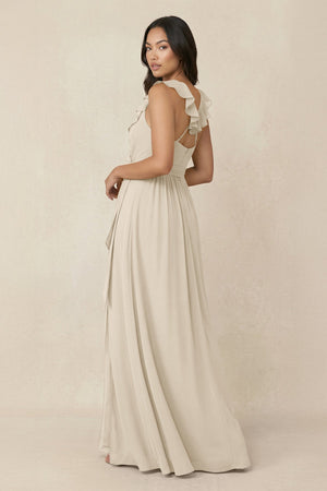 Ruffled V-Neck A-Line Chiffon Bridesmaid Dress in Champagne - KissProm BRIDESMAID DRESSES
