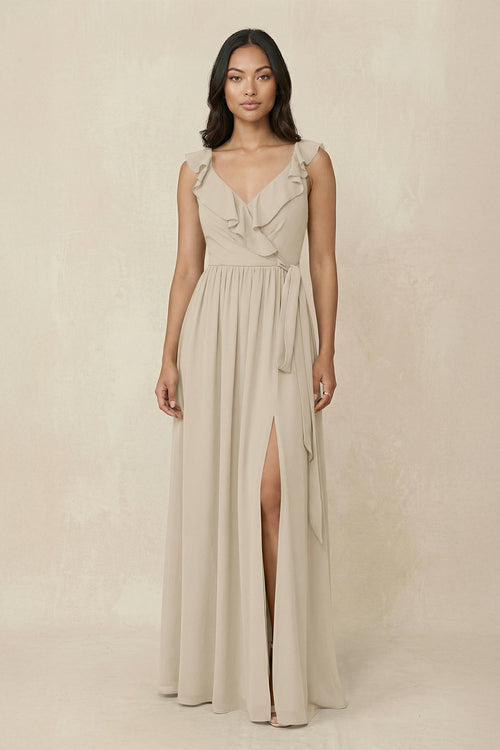Ruffled V-Neck A-Line Chiffon Bridesmaid Dress in Champagne - KissProm BRIDESMAID DRESSES