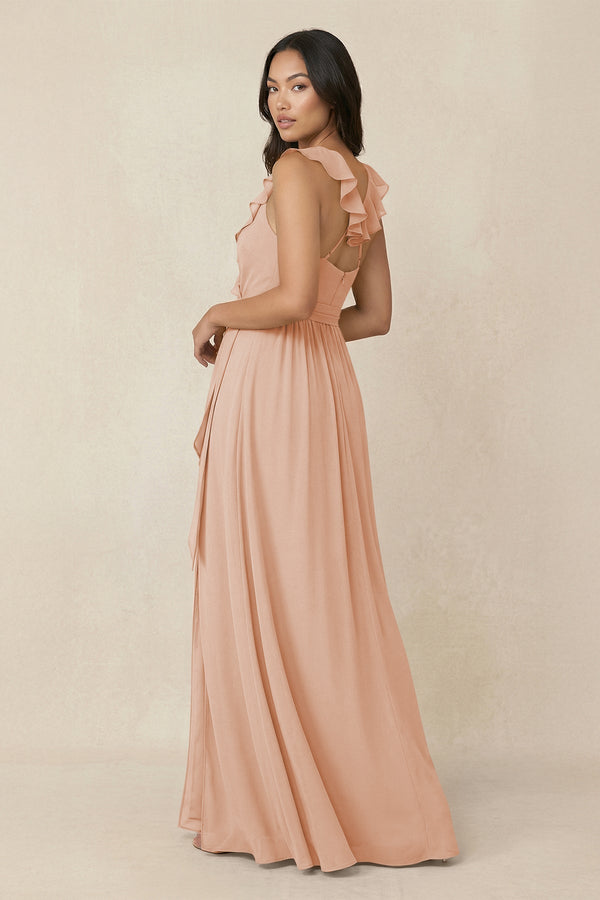 Ruffled V-Neck A-Line Chiffon Bridesmaid Dress in Champagne Rose - KissProm BRIDESMAID DRESSES