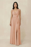 Ruffled V-Neck A-Line Chiffon Bridesmaid Dress in Champagne Rose - KissProm BRIDESMAID DRESSES