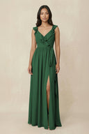 Ruffled V-Neck A-Line Chiffon Bridesmaid Dress in Dark Green - KissProm BRIDESMAID DRESSES