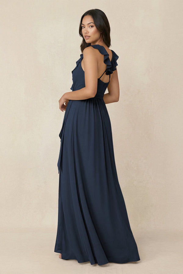 Ruffled V-Neck A-Line Chiffon Bridesmaid Dress in Dark Navy - KissProm BRIDESMAID DRESSES