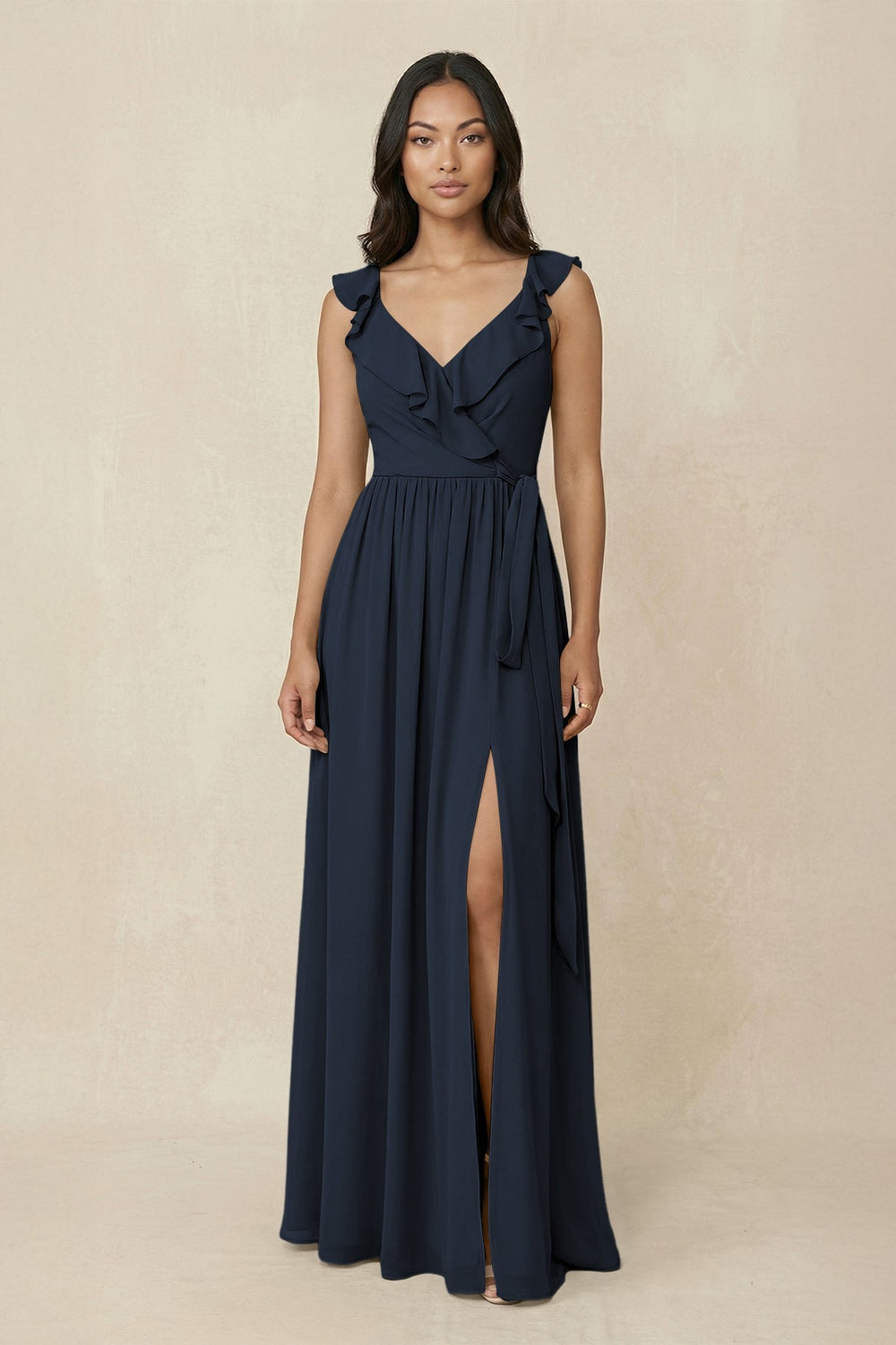 Ruffled V-Neck A-Line Chiffon Bridesmaid Dress in Dark Navy - KissProm BRIDESMAID DRESSES