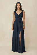 Ruffled V-Neck A-Line Chiffon Bridesmaid Dress in Dark Navy - KissProm BRIDESMAID DRESSES