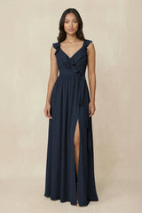Ruffled V-Neck A-Line Chiffon Bridesmaid Dress in Dark Navy - KissProm BRIDESMAID DRESSES