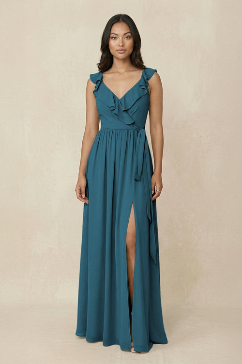 Ruffled V-Neck A-Line Chiffon Bridesmaid Dress in Dark Teal - KissProm BRIDESMAID DRESSES